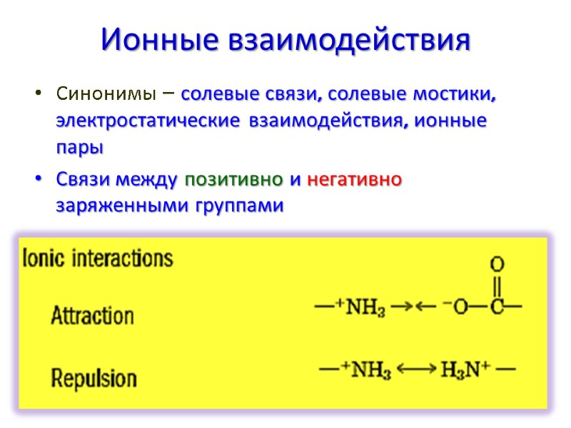 Ионные взаимодействия Синонимы – солевые связи, солевые мостики, электростатические взаимодействия, ионные пары Связи между